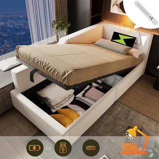 Tagesbett 90×190 Cm, Einzelbett Mit Bettkasten, Usb, Typ C Und Leselampe, Ohne Matratze, Aus Samt, Beige