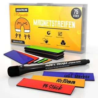 JAWA Magnetschilder zum Beschriften - 75 Stück Magnetetiketten inkl. Stift - Praktische Magnete beschreibbar in 5 Farben - Selbstklebende Magnetstreifen für metallische Oberflächen