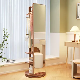360° drehbarer Ganzkörperspiegel aus massivem Holz, Bodenstehender Vollkörperspiegel mit Kleiderständer, Haken und Regalen, für Wohnzimmer, Schlafzimmer, Ankleide (Walnussfarben)