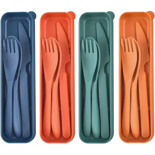 Plastik Besteck Mehrweg Set, 4 Sets Reise Besteck mit Etui, Camping Besteck set, Tragbare Utensilien, für Lunchbox, Schule, Picknick, Reisen(4 Far...