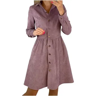 RMBLYfeiye Hemdkleid Damen Langarm Cord Freizeitkleid Herbst Winter,Oversize T-Shirt Vintage Einreiher Cord-Kleid Lang Bluse Einfarbig Shirtkleid Lose Minikleid