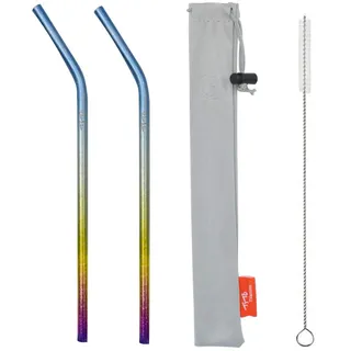 TiTo 2 Stück Titan-Metall-Trinkhalme, wiederverwendbar, bunt, ultraleicht, mit Reinigungsbürste und Tasche für Smoothie, Milchshake, Cocktails und heiße Getränke (mehrfarbig, gebogen)