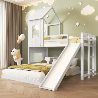 Gelukueub Etagenbett mit Rutsche, Hausbett, Kinderbett, mit Fallschutzgitter, mit Fenster und Dach, mit dreistufige Leiter, Kiefer+MDF, Weiß, 90x200cm&140x200cm