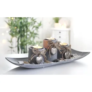 LB H&F Lilienburg Teelichthalter mit Tablett Teelichthalter Kerzenhalter Kerzenständer Windlicht SET (Vintage modern edel Design Tischdeko Tischdekoration silber Herz Winter Herbst Advent Weihnachten Weihnachtsdeko GRAU LANG), Geschenkset Dekoteller Dekotablett Kerzentablett Landhaus grau