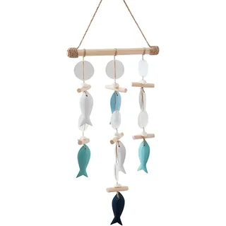 Maritime Deko zum Aufhängen, Deko Maritim Windspiel, Hängedeko mit Holzfisch, Muscheln, Jakobsmuscheln, Nordsee Deko Hängend, für Sommer Fenster Wohnzimmer (D)