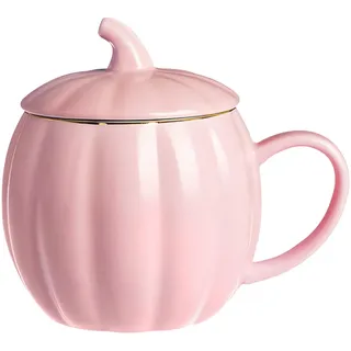 Herbst Kürbis Tasse, Halloween Kürbis Tasse mit Deckel, Kürbis Becher aus Keramik, Süße Kürbis Kaffeetasse, Kürbis Tasse für Halloween, Herbst Geschenk, Partyzubehör (Rosa)