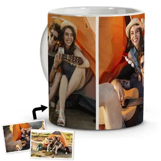 Personalisierten Fototassen. Personalisierte Tassen. Original-Frühstücksbecher. Becher aus Keramik. Personalisierte Geschenke. Bis zu 4 Fotos. Weißer Becher. 2 PHOTOS