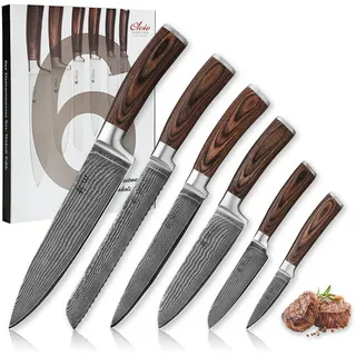 Wakoli Damastmesser, Braun, Holz, Metall, Kochen, Küchenmesser, Messersets