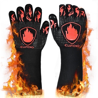 ELUTENG Grillhandschuhe Hitzebeständig Feuerfeste Handschuhe bis 800 Grad 19cm Verlängern Silikon rutschfest, Ofenhandschuhe Topfhandschuhe Backhandschuhe für BBQ Küche, Schwarz Rot