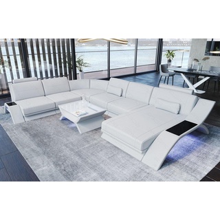 Sofa Dreams Wohnlandschaft Sofa Leder Calabria XXL U Form Ledersofa, Couch, mit LED Beleuchtung, USB Anschluss und Multifunktions-Console weiß