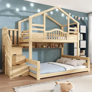 Merax Etagenbett Hausbett 90x200 & 140x200cm mit Treppenschrank, Kinderbett mit Regalen und Sicherheitsgeländer, Holzbett EN747 , Natur - Naturbelassen