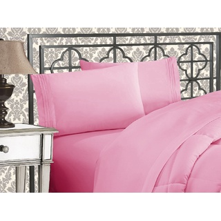 Elegant Comfort Luxuriöses 4-teiliges Bettlaken-Set, Fadenzahl 1500, ägyptische Qualität, dreizeilig, Bestickt, weichste Premium-Hotelqualität, Knitter- und lichtbeständig, voll, Hellrosa