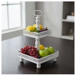 Mucola Etagere Etagere Servierplatte 2 Stöckig 51 CM XXL Braun und Weiß Vintage, Metall, (Stück, 1-tlg., 1 Etagere), Massivholz weiß
