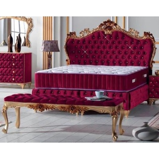 Casa Padrino Barock Doppelbett Bordeauxrot / Gold - Prunkvolles Samt Bett mit Glitzersteinen und Matratze - Komplett Set