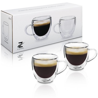 Zobel Espressotassen 80ml | 2er Set doppelwandige Espressogläser aus hochwertigem Borosilikat-Glas | Thermogläser mit Henkel | Schwebeeffekt