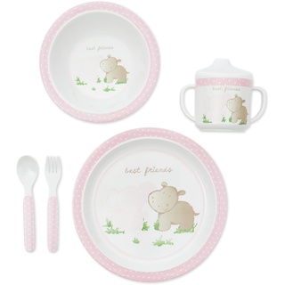 Bieco Baby Geschirrset mit Tiermotiv | 5-teiliges Baby Geschirr | Kindergeschirr aus Melamin | Geschirr Baby für Kleinkinder | Baby Essen Set | Babygeschirr Set | rosa