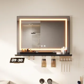 SONNI LED Badspiegel 70x50cm mit Ablage, Wandspiegel inkl. Handyhalter
