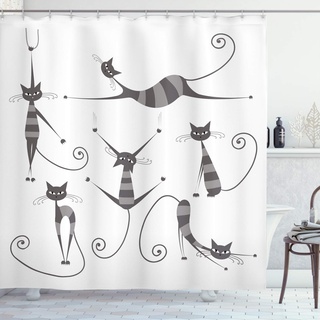 ABAKUHAUS Katze Duschvorhang, Lustige dünne gestreifte Katze, Stoffliches Gewebe Badezimmerdekorationsset mit Haken, 175 x 180 cm, Hell Grau