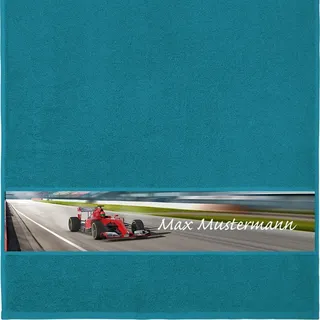 Manutextur Handtuch mit Namen - personalisiert - Motiv Motorsport - viele Farben & Motive - Dusch-Handtuch - Petrol - Größe 50x100 cm - persönliches Geschenk mit Wunsch-Motiv und Wunsch-Name