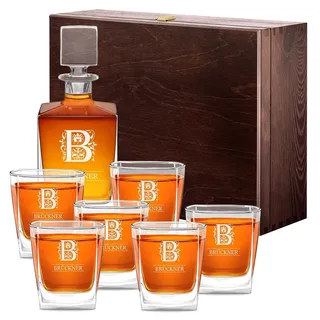 Maverton Whiskey Dekanter 810 ml + 6er Whisky Gläser Set mit Gravur - personalisiertes Whisky Karaffe Set für Männer - Glas Karaffe mit Gläsern für Whiskygenießer - Buchstabe