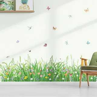decalmile Wandsticker Grün Gras Wiese Blumen Wandtattoo Blumenwiese Bunt