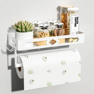 ZDDLOINP Gewürzregal mit Küchenrollenhalter und Haken, Gewürzregal Wand Ohne Bohren, Gewürz Organizer für Küchen, Weiß