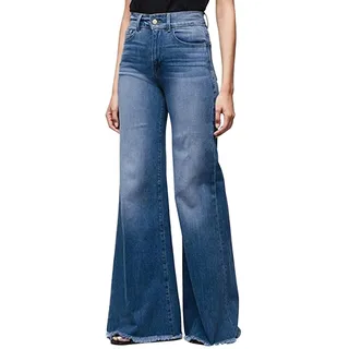 Runstarshow Damen Patchwork Jeansschlaghose Schlagjeans blau Schlaghose 70er Jahre Jeans Klassische Retro High Waist Spliced Casual Bell Bottom Hose - M