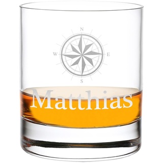 Whiskyglas 315 ml mit individueller Gravur - mit Namen veredelt - Bourbon-Glas für Männer - Geschenk-Idee für Papa und Opa - das perfekte Trinkglas für Scotch, Bourbon und Rum - Motiv Kompass