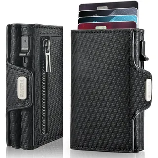 Forrlite Geldbörse Slim Wallet, Portemonnaie Herren klein, Carbon Geldbörse Herren (Geldbeutel Herren Karten, Portmonee Herren, Kartenetui Herren, RFID Schutz Mini/Smart Wallet/Kreditkartenetui Herren/Hält 12 Karten) schwarz