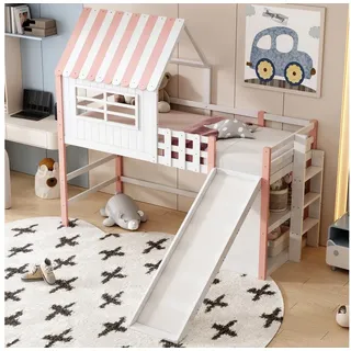 STILVORA Kinderbett mit Rutsche,90×200 Hochbett Bettgestell mit Ablagefach&Dachbodendesign (Dachhaus-Stil mit Rutsche & Leiter, Stauraum & Spielzone, Massivholz Einzelbett, 90x200 cm), ohne Matratze rosa