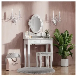 Vicco Schminktisch Maggie Weiß 75 cm mit LED Beleuchtung und Hocker 75x147 Barock Schlafzimmerkommode Schminkkommode Schublade Aufbewahrung Frisierkommode Make-Up-Tisch