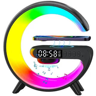 FUFRE Nachttischlampe Mit Ladefunktion, Nachttischlampe Kabellosem Mit Bluetooth Lautsprecher und wecker, Dimmbare LED Schreibtischlampe für Schlafzimmer-Wohndekoration (Schwarz)