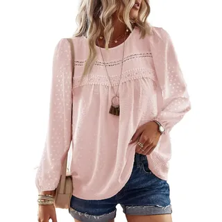 TUUHAW Langarmshirt Damen Boho Bluse Elegant Rundhals Top Oberteile | Tops für Damen, Tunika Bluse Elegant, T Shirt Süß, Spitze Fließend, Oberteile Lässig Outfits, Frühling Herbst Winter - XXL
