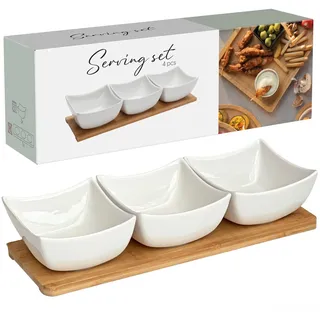 Murago - Snackplatte 4tlg Set - Porzellan Bambus Snack Schalen Teller Platte Brett Serviertablett Tapas Schälchen Knabberschale Servierrschale Dips Vorspeisen Oliven Süßigkeiten Nüsse Holz
