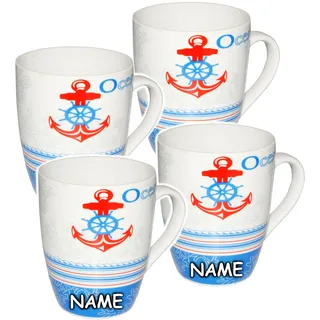 alles-meine.de GmbH 4 Stück Kaffeetassen/Henkeltassen - Anker & Steuerrad/Maritim - incl. Name - groß - 300 ml - Keramik/Porzellan - Teetasse - Mikrowellengeeignet - ..