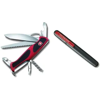 Victorinox Taschenmesser Ranger Grip 79 (12 Funktionen, Einhand-Feststellklinge) rot/schwarz & Dual-Messerschärfer, Tragbar, Schleifstein für Grobschliff, Keramikplättchen für Feinschliff