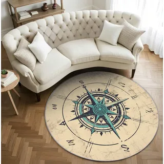 AevuCub Vintage Kompass Teppich Rund 120cm Kurzflor - Waschbare Teppiche Wohnzimmer Nautisch Maritim - Runder Teppich 120 Durchmesser Kinderzimmer - Bettvorleger Schlafzimmer rutschfest Weich