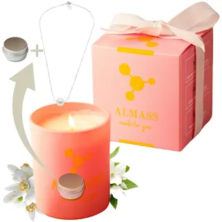 ALMASS - Schmuckkerze - Juwelkerze : natürliche handgemachte Duftkerze mit Schmuck+verstellbare 925 Silber Halskette mit Perle+Schmuckbox – Cassis, Orangenblüte & Jasmin