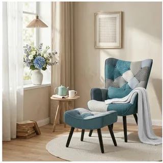 HomeMiYN Ohrensessel Relaxsessel Lehnstühle, Ohrensessel mit Hocker lesesessel, Chair blau