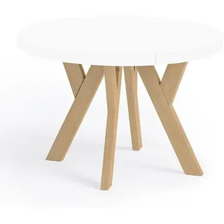 Runder Ausziehbarer Tisch für Esszimmer, PERO, Loft-Stil, Skandinavische, Durchmesser: 110 / 160 cm, Farbe: Weiß / Buche Natur - Weiß