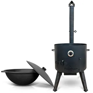 Utschak Feuerofen Ø 52,7 cm mit Thermometer Gusseisen Topf runder Boden mit Deckel (22 L) Ø 49 cm KazanoFF, Учаг, Kazan Outdoor, Feuerschale, Camping, Kazan, Gulaschkanone Dutch Oven (Set 1)