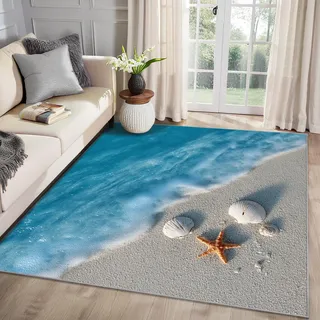 MMYAOKEN Küsten Teppich Wohnzimmer 60x90 Meer Seestern Muschel Deko, Kleiner Teppich Kurzflor, Weich rutschfest Waschbare Teppiche, Fußmatte Bettvorleger Schlafzimmer Kinderzimmer