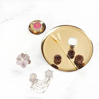 Homeily Goldenes Serviertablett aus Edelstahl, Modernes Design | Metall Tablett Gold Runde Display Dekoteller mit erhöhtem Rand für Kerzen, Schmuck, Make-up