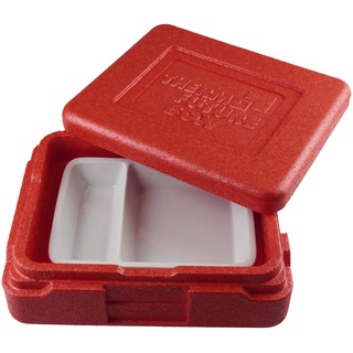 Thermo Future Box |Thermo Mini Menü Lunch Box rot|Lunchbox Set mit 2-geteilter Porzellanschale (1/3, 2/3) und Silikondeckel blau| Menübox mit Porzellan | Expandiertes Polypropylen | 3L