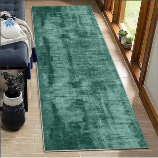 BORKOY Dunkelgrün Teppich Läufer Flur Küche rutschfest Waschbar 100x250cm Modern Kücheläufer Teppichläufer mit Gummirücken Polyester Meterware für Korridor Schlafzimmer Wohnzimmer Eingangsbereich