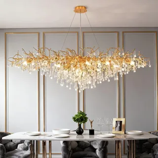 Leomix Moderner Kristall-Baumast-Chandelier, Große Rechteckige Kristall-Tropfen-Deckenleuchte – Innenschalungslampe für Wohnzimmer, Kücheninsel, Esszimmer, Flur oder Schlafzimmer,Gold l120cm