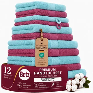 Betz Premium Handtuch-Set 12-teilig – 100% Baumwolle – Oeko-TEX® Zertifiziert – hohe Grammatur – Duschtücher, Handtücher, Gästetücher & Waschhandschuhe Farbe Beere/Ocean