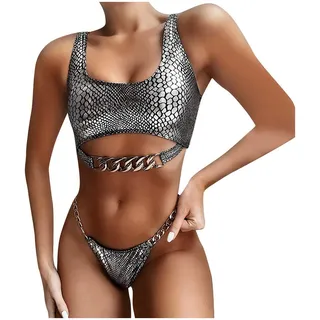 Lazzboy Frauen Leopard Gedruckt Bikini Push-up Gepolsterte Bademode Badeanzug Set Damen Bandage Gepolstert Halter Bandeau Mit Elastischem Verband(Silber,L) - L
