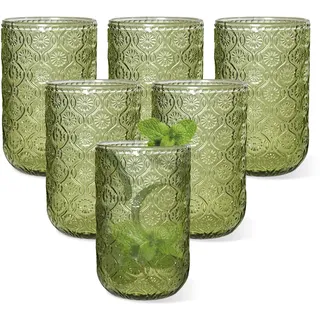 CHLJAR Green Vintage Drinking Glasses Set of 6, 400 ml hobnail drinking glasses Glassware Embossed Green Water Tumbler for Beer, Juice, Cocktail, Whiskey, Milk(B-Grün)
