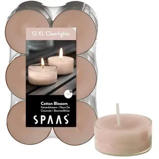 Spaas 12 Maxi Duftenden Clearlights, Teelichter mit durchsichtigem Halter, ± 8 Stunden-Cotton Blossom, Paraffinwachs, Beige, D 56 mm x H 21 mm, 0392155.473